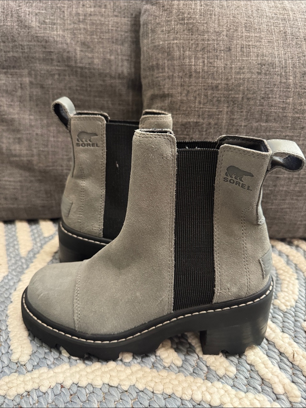 SOREL Joan Now Waterproof Chelsea Boots Gray Quarry Black Suede Lug Sole
